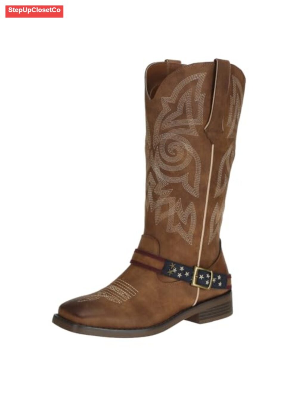 Women's Western Cowboy Boots Faux Leather Square Toe Mid Calf Country Concert